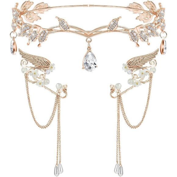 Halloween Rhinestone Leaf Headband Elf Ears Fairy Cosplay Princess Jewelry